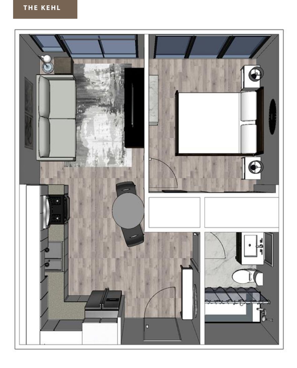 Coloured preview of the Kehl Suite Floor Plan at the Woodside Spadina Suites